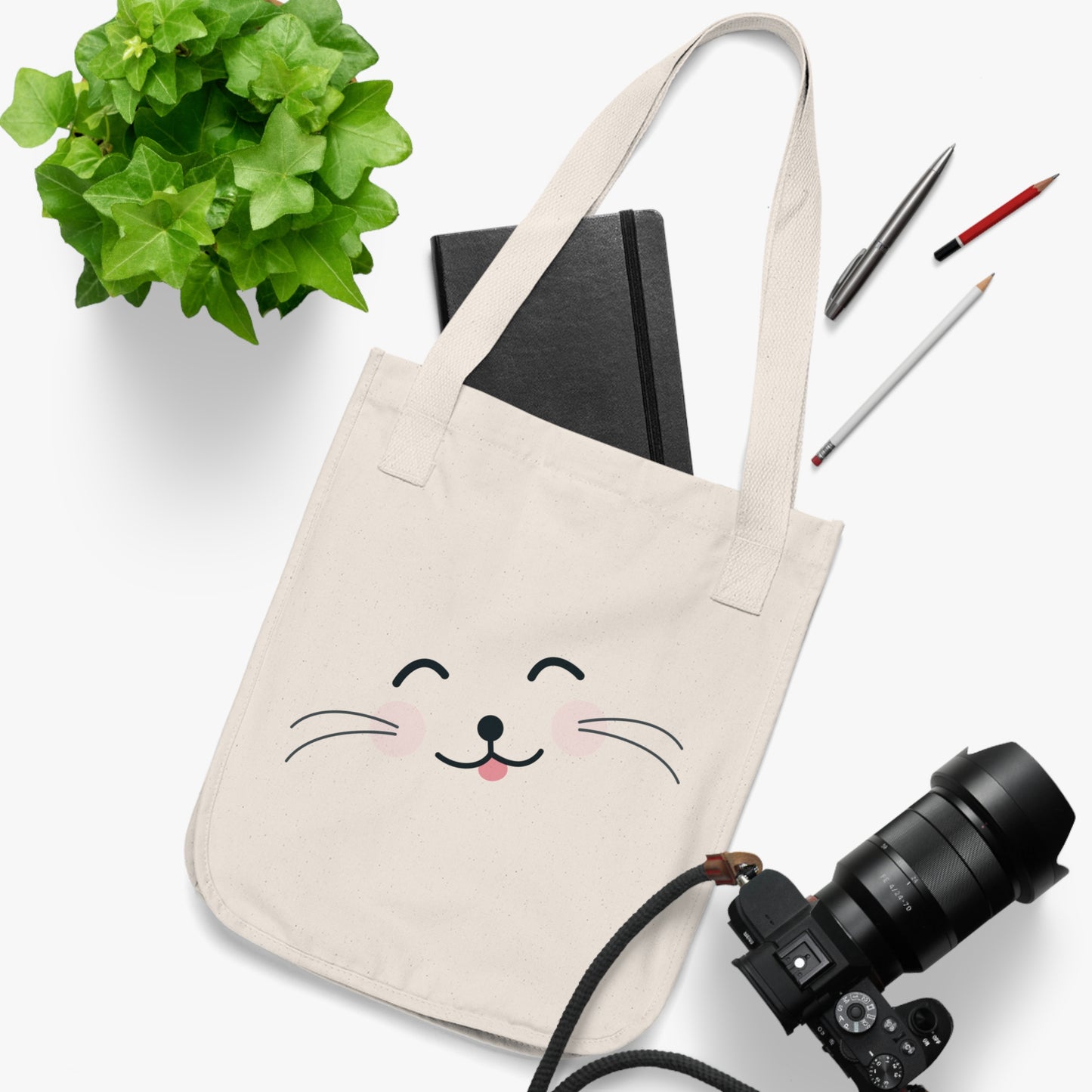 Cute Cat Print Organic Canvas Tote Bag, Eco-Friendly Bag, Shopping Bag, Gift for Cat Lovers, Reusable Beach Bag