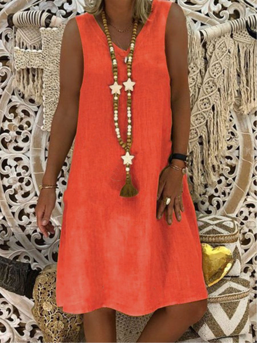 V-neck Sleeveless Cotton And Linen Dress Women's Clothing